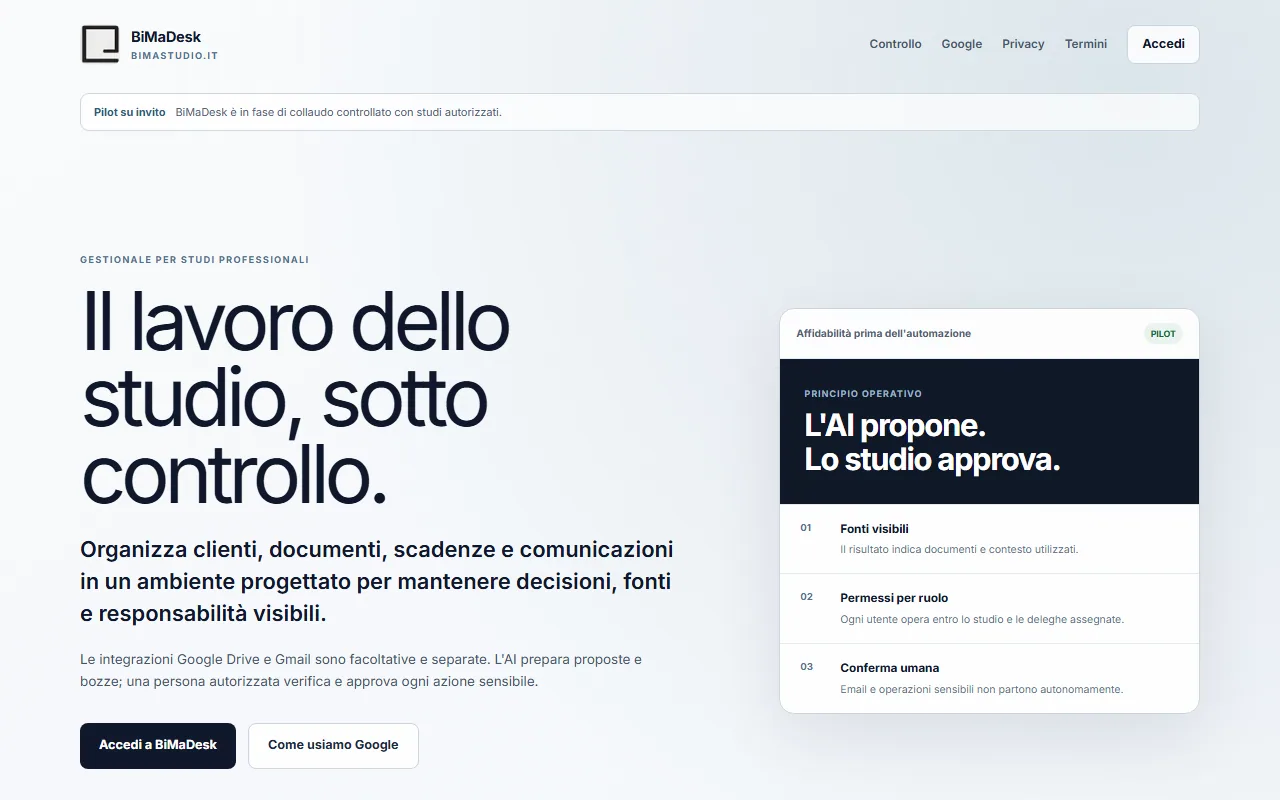 Homepage pubblica reale di app.bimastudio.it con il principio di controllo umano