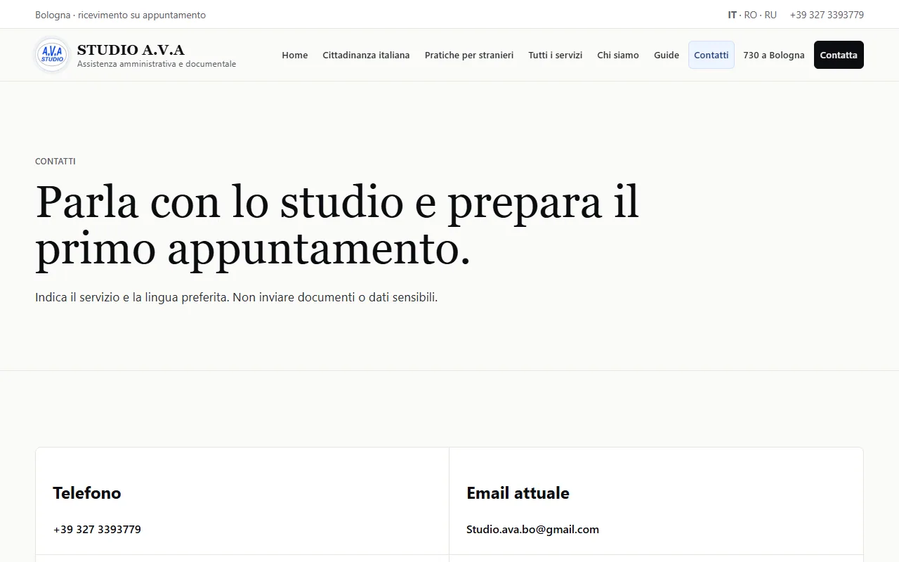 Pagina contatti Studio A.V.A. su desktop
