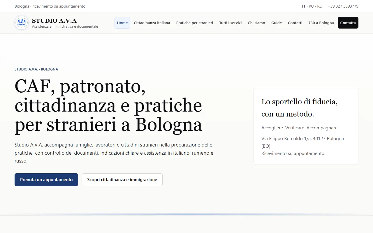 Homepage pubblica di Studio A.V.A. su desktop