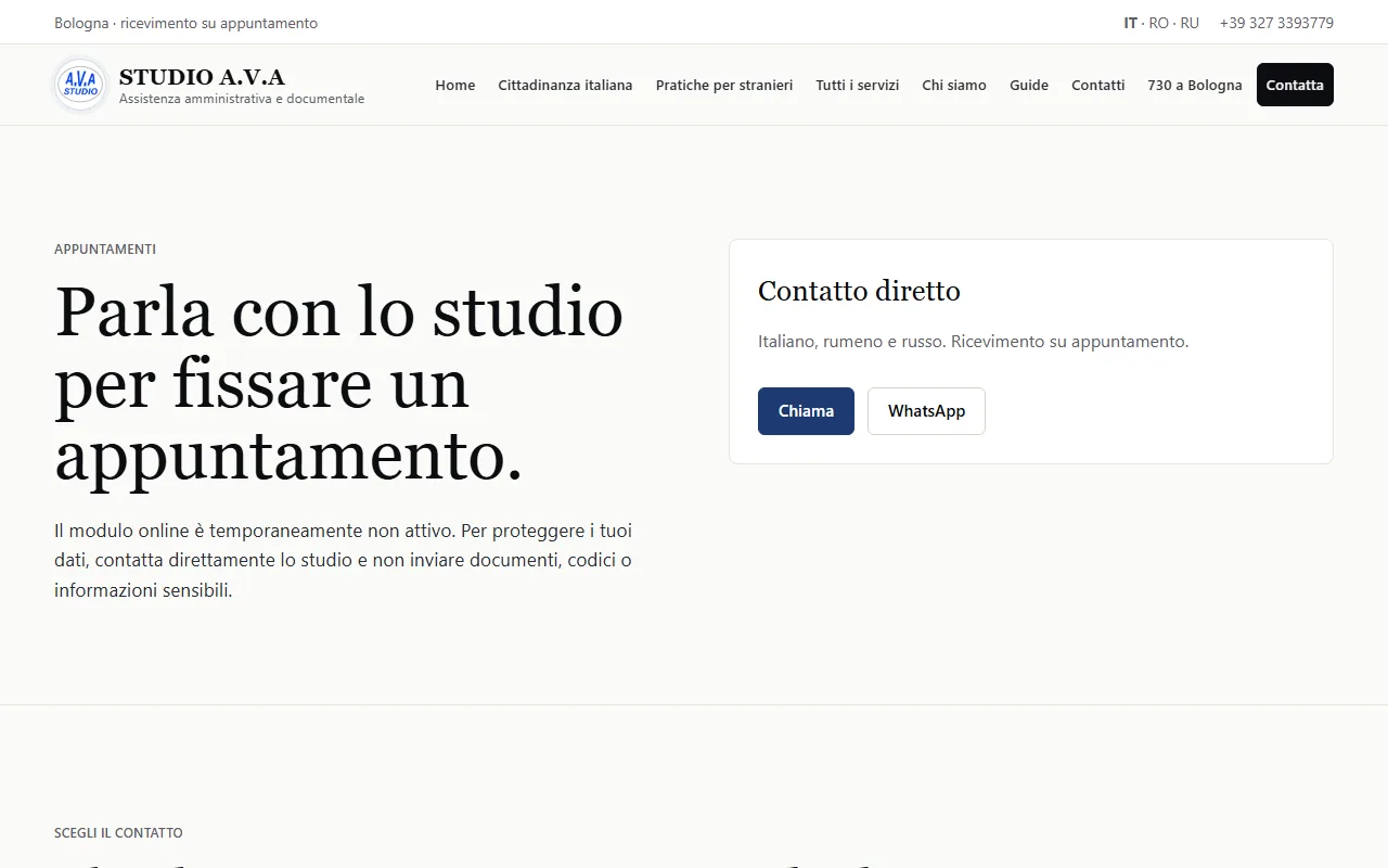 Pagina di contatto assistito Studio A.V.A.