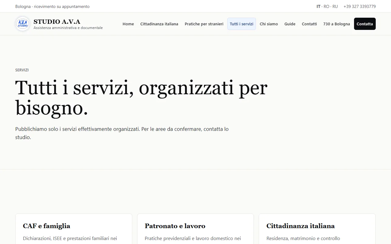 Pagina dei servizi Studio A.V.A. su desktop
